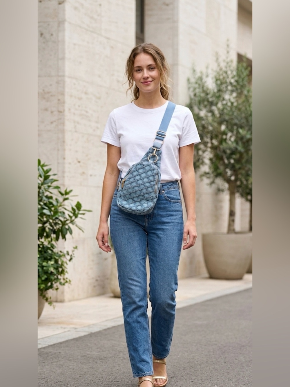 Moda Luxe Dusty Blue Quilted Crossbody Sling Bag